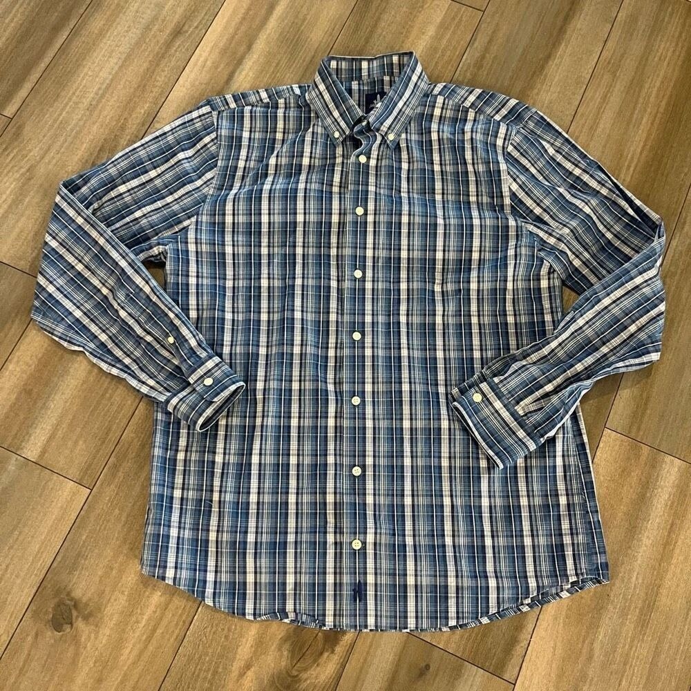 Johnnie-O Mens Large Blue White Plaid Button Down Long Sleeve Shirt‎ Bin N-4